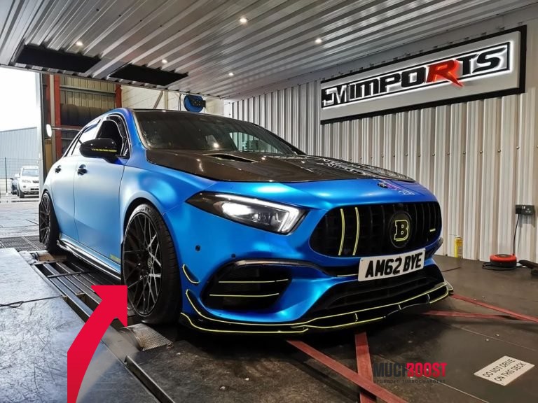 Mercedes-AMG A45 S W177 dyno graph with MuchBoost M139 hybrid turbo making 521 HP and 665 Nm