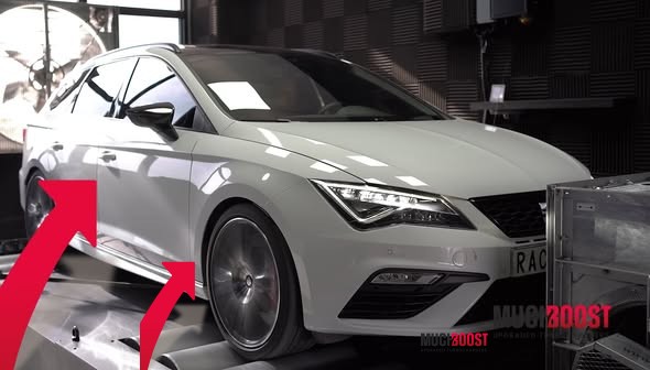 Seat Leon Cupra 2.0 TFSI dyno graph with MuchBoost MQB IS38 hybrid turbo reaching 505 HP and 587 Nm